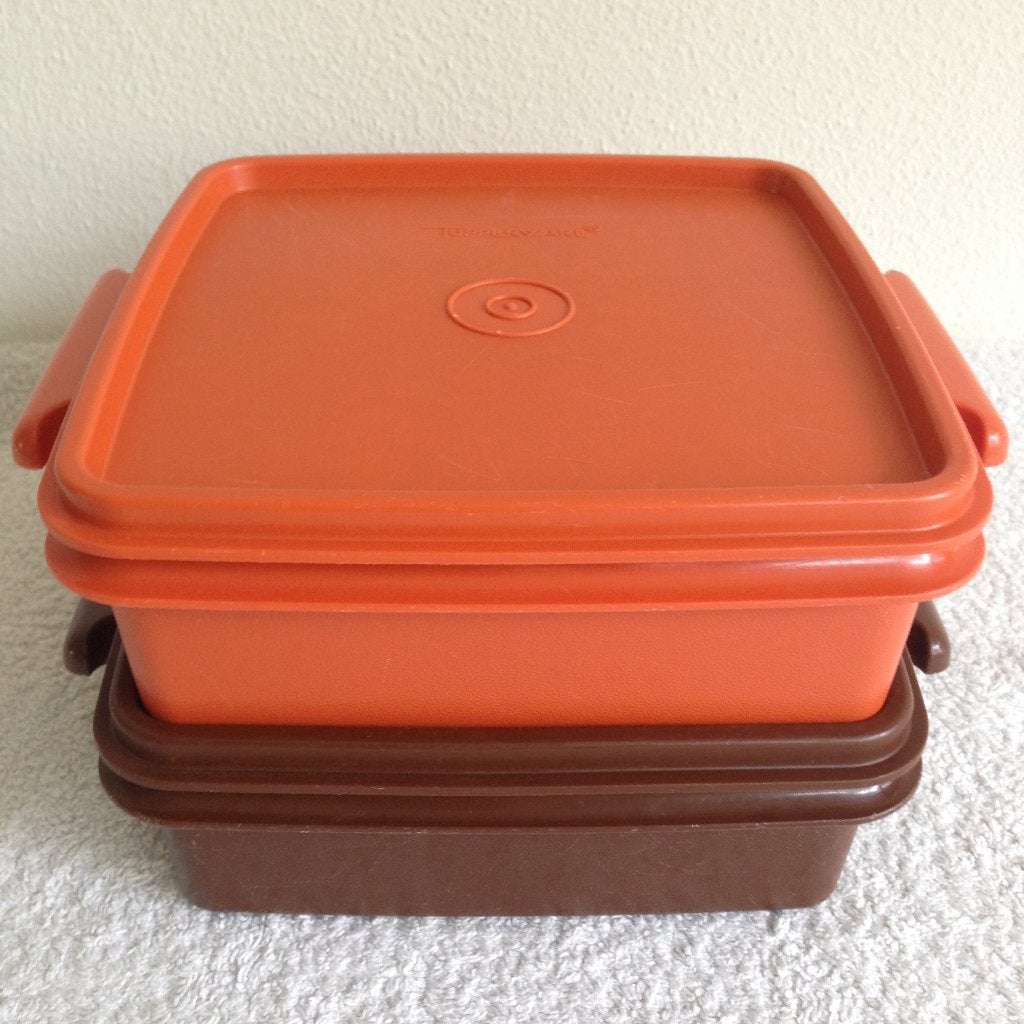 🤎🧡2 Vintage Tupperware lunch/broodtrommel Jaren 70/80., Gebruikt, Oranje, Bus of Trommel, Met deksel