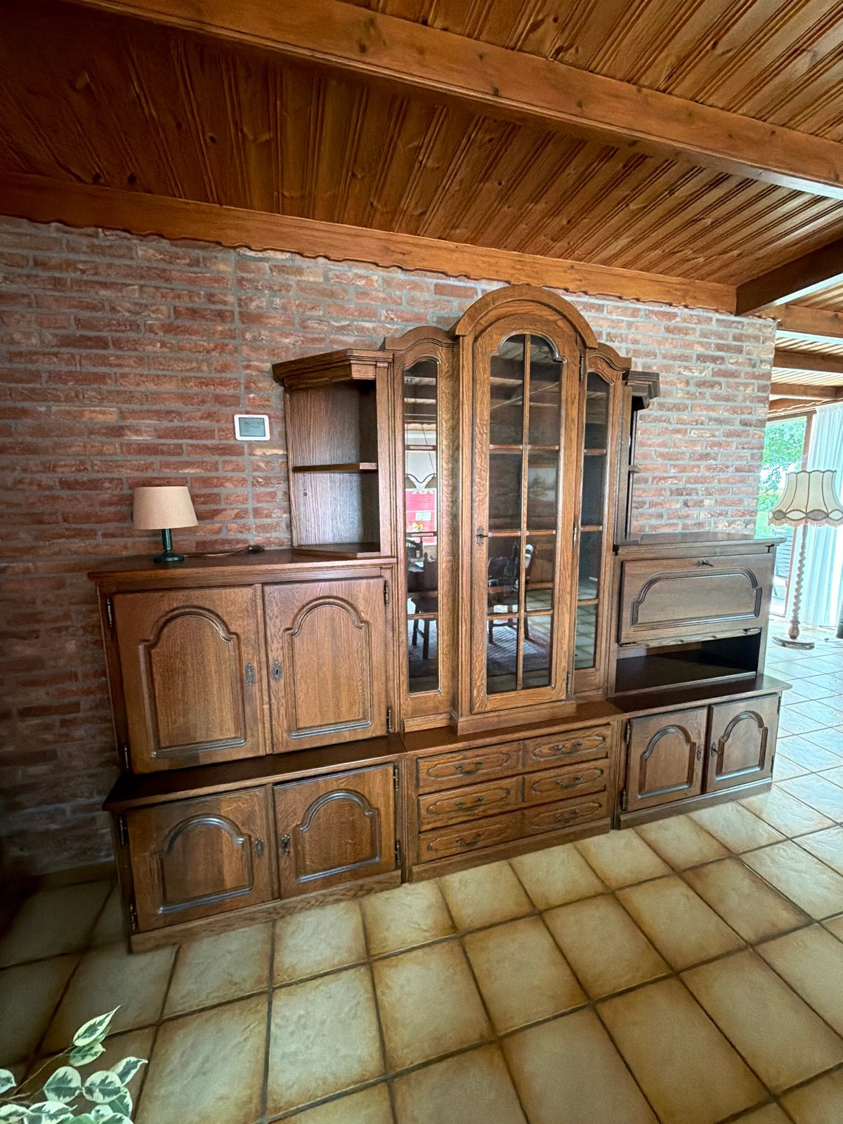 Massieve eikenhouten wandmeubel - 290 breed, 220 hoog, Huis en Inrichting, Kasten | Wandmeubels, Ophalen, 250 tot 300 cm, Gebruikt