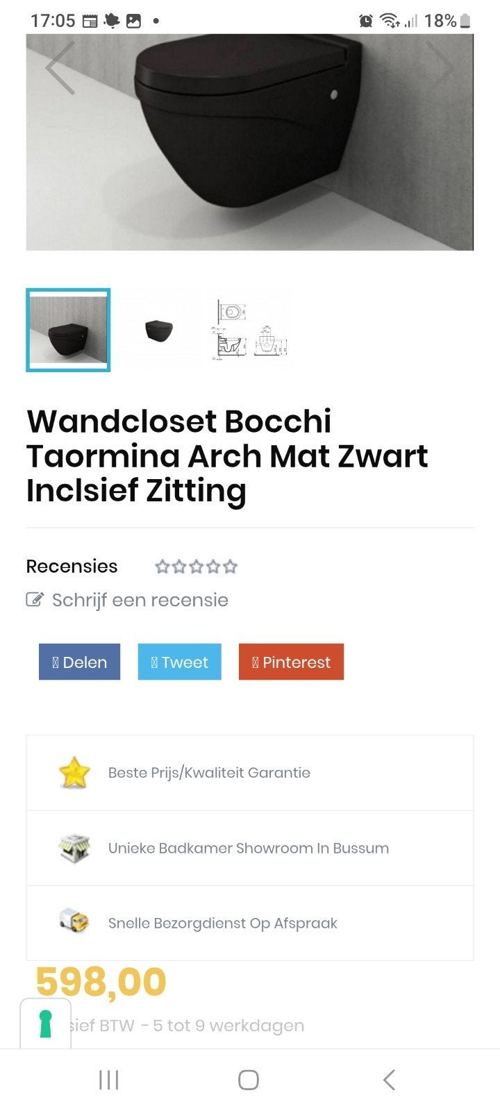 Zwart mat toilet Bocchi Taormina. Nieuw in doos., Ophalen, Nieuw, Toilet