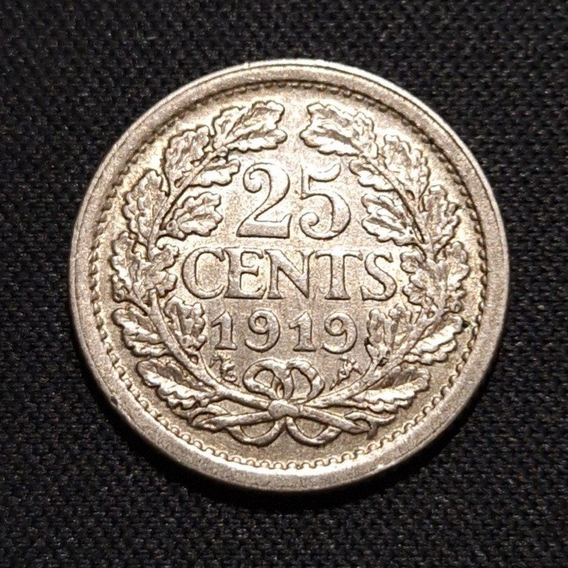 25 cent 1919, Postzegels en Munten, Munten | Nederland, Verzenden, Zilver, 25 cent, Koningin Wilhelmina