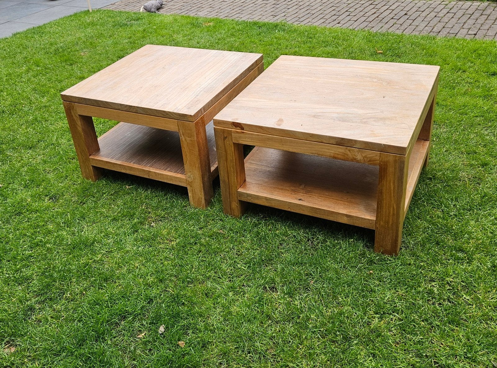 Set van 2x Teakhouten Salontafel / Bijzettafel 60x60x40 cm, Ophalen, Minder dan 50 cm, Gebruikt, Minder dan 50 cm