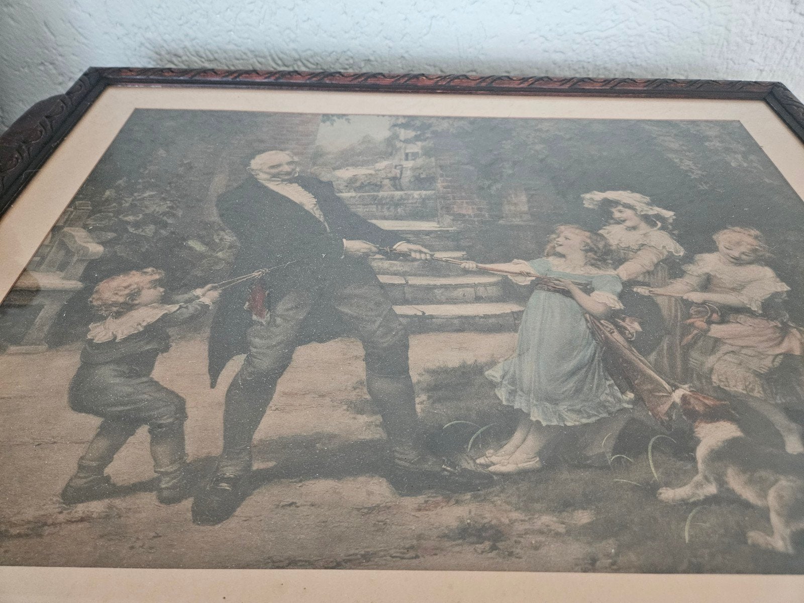 Vintage print 'Touwtrekken' in sierlijke lijst (60x47 cm), Antiek en Kunst, Kunst | Schilderijen | Klassiek, Ophalen, Klassiek