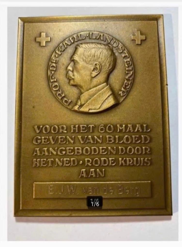 Plaquette Rode Kruis Brons 60 x Bloed, 8 x 6 cm, Ophalen of Verzenden, Brons