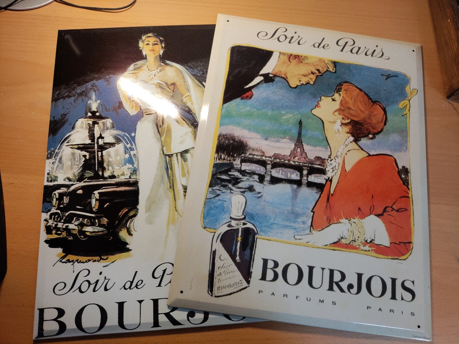 2x Vintage Bourjois Soir de Paris Reclameborden, Verzenden, Gebruikt, Reclamebord