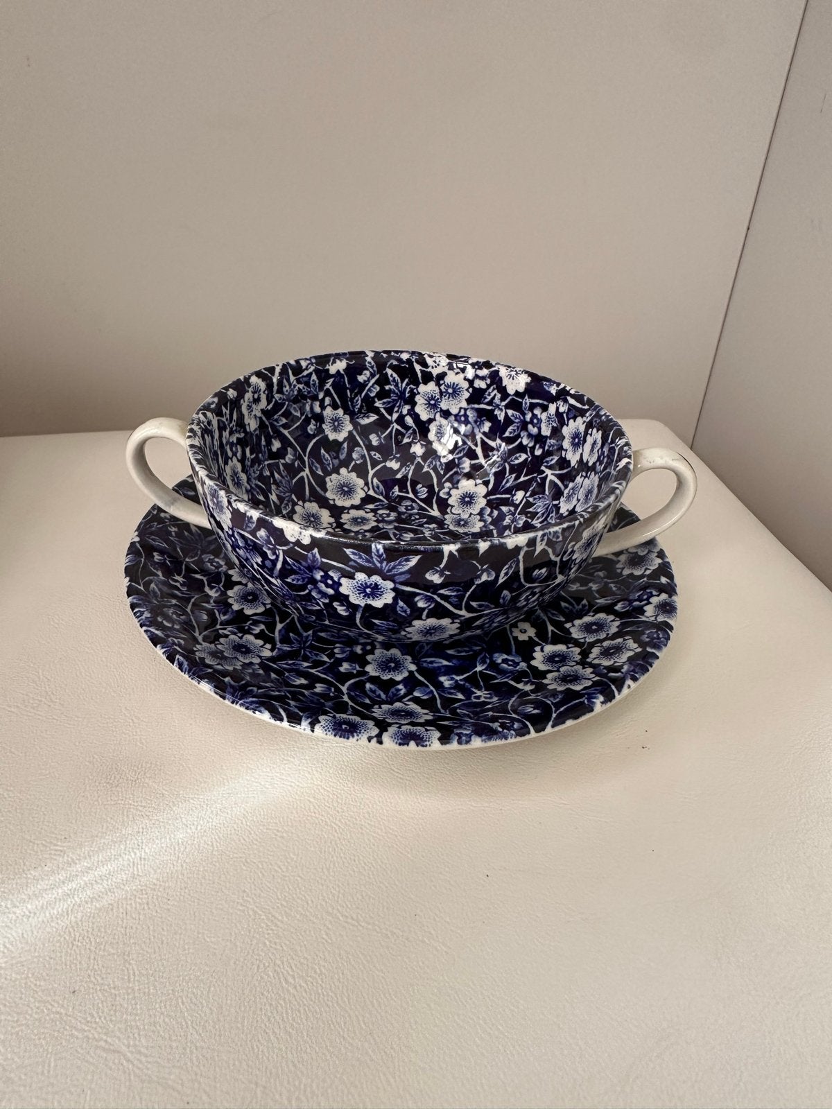 Vintage Blauw Burleigh Calico Kop en Schotel - Staffordshire, Ophalen of Verzenden
