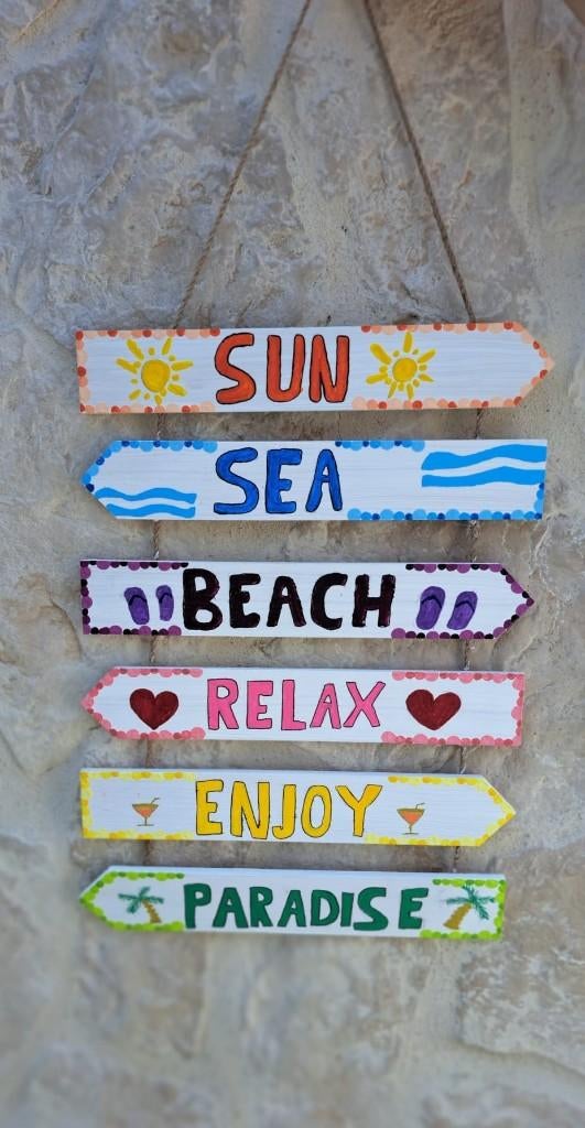 Ibiza wegwijzer bordjes - houten decoratie - handgemaakt, 30 cm, Hout, Meerkleurig, Nieuw