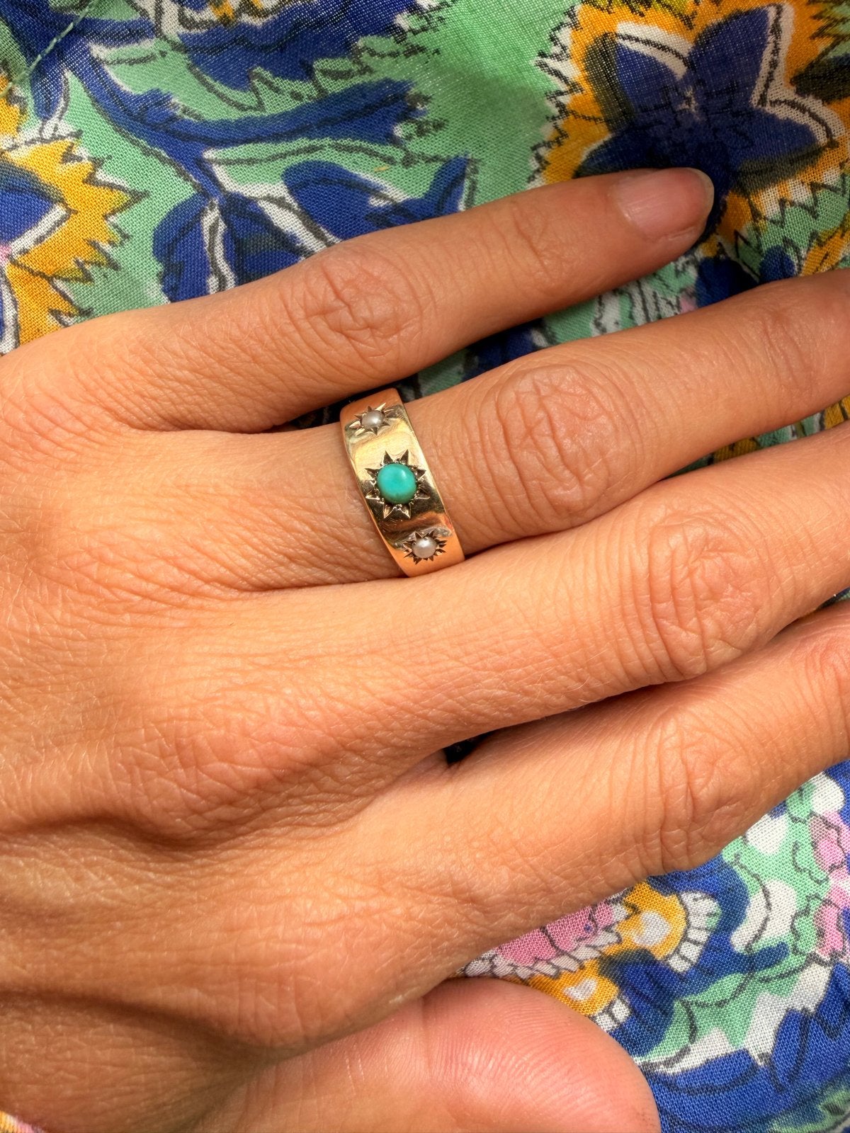 Vintage 9k Gouden Gypsy Ring met Turquoise en Parels, Ophalen, Gebruikt, Kleiner dan 17, Met edelsteen