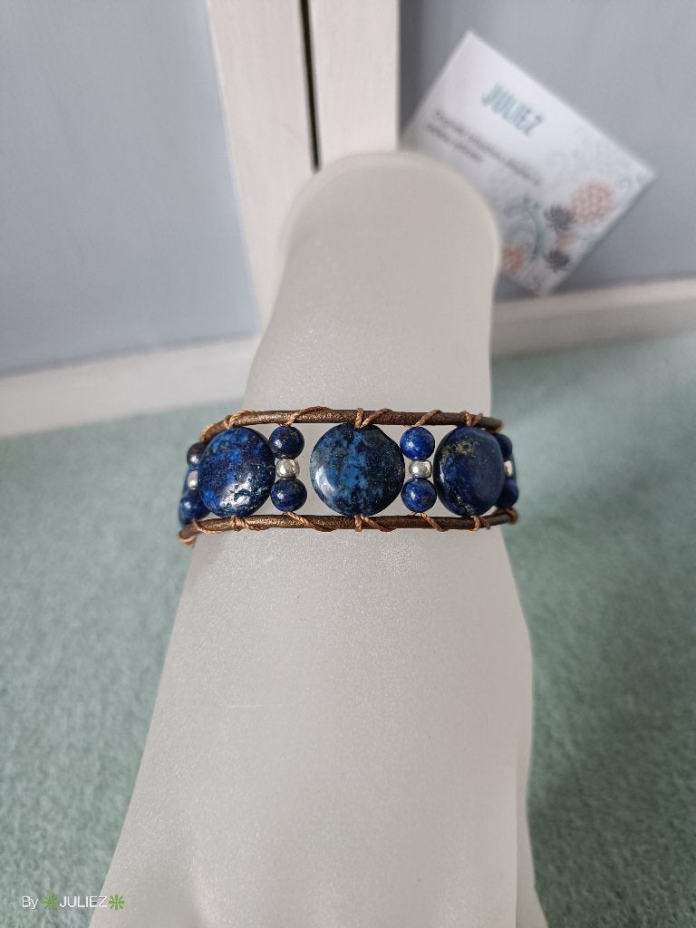 Rundleren wrap armband natuurstenen kralen "Juliez Handmade", Ophalen of Verzenden, Nieuw, Overige kleuren, Leer