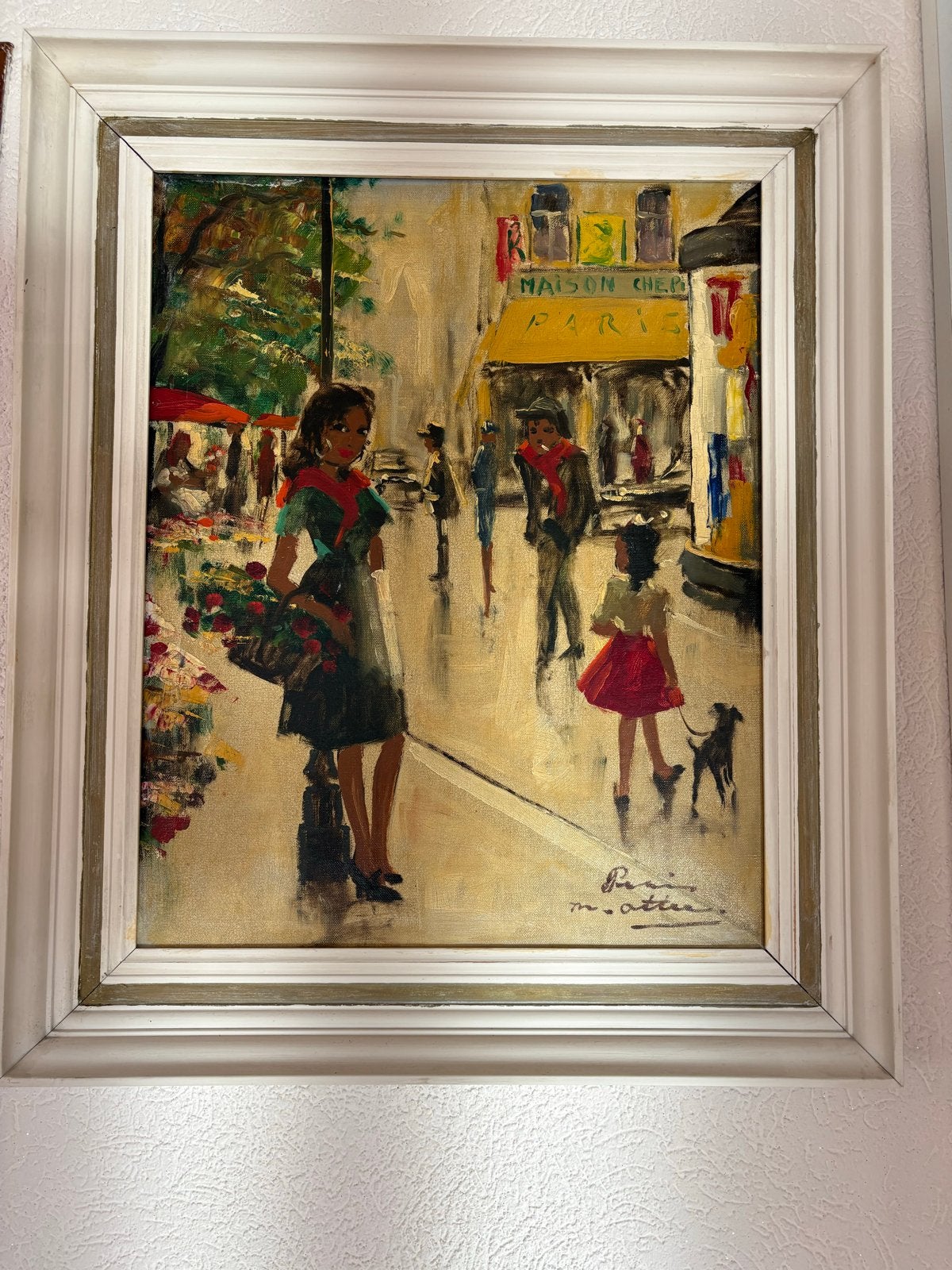 Schilderij Parijs straatbeeld met figuren, gesigneerd, Antiek en Kunst, Ophalen, Doek, Realistisch, Gesigneerd