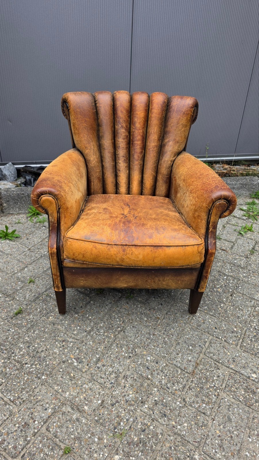 antieke Engelse schapenlederen fauteuil, Ophalen
