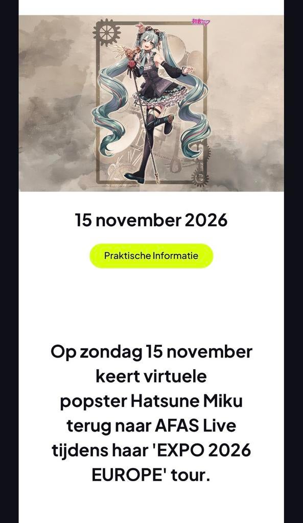 5 Hatsune Miku staan kaarten in afas live 15 nov, Drie personen of meer, November