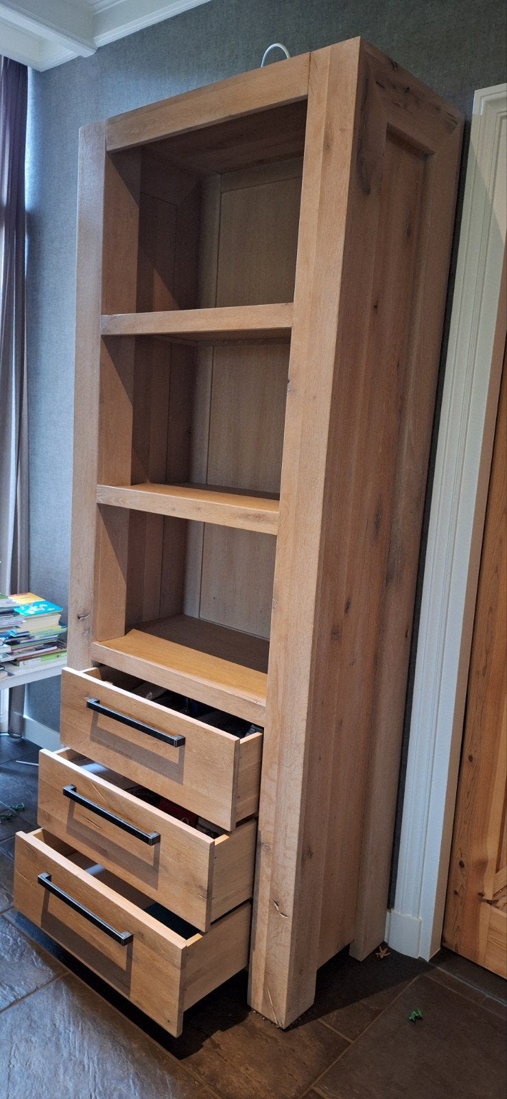 Lucano Boekenkast met Lades - Massief Eikenhout, Huis en Inrichting, Ophalen, Gebruikt, Modern, Robuust, Landelijk, Eikenhout