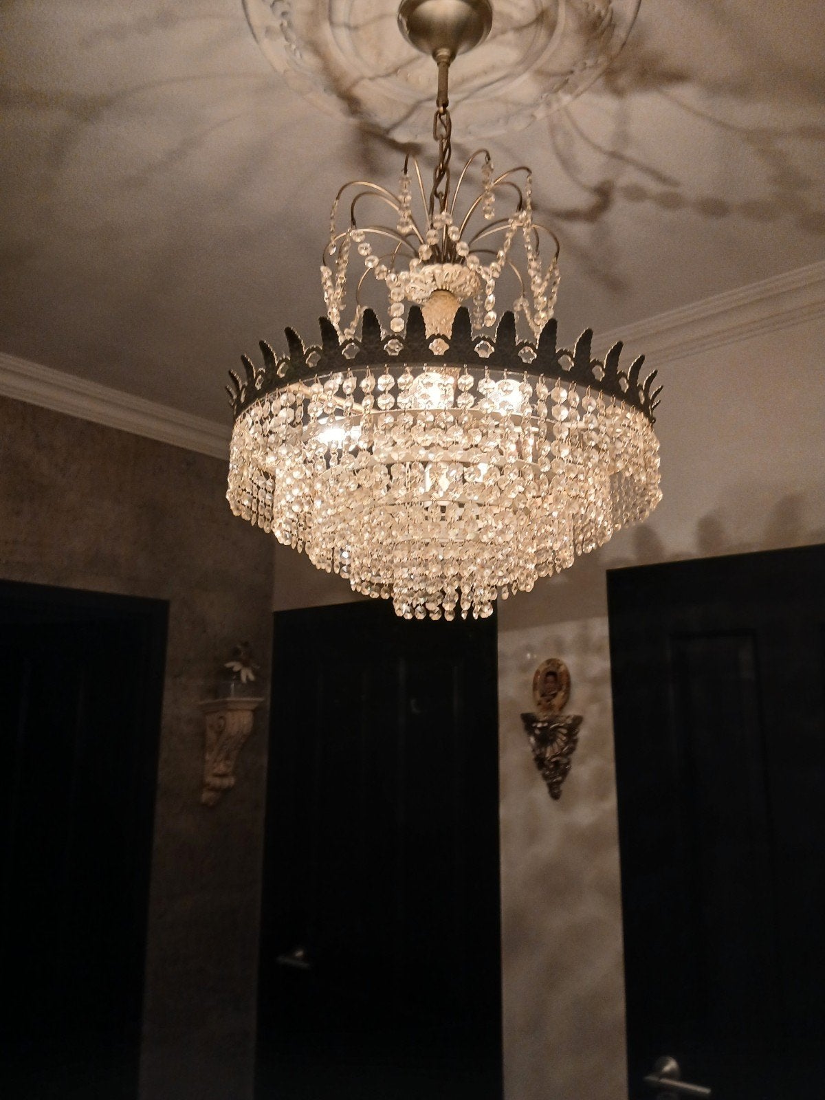 Kroonluchter met kristallen - koper, zilver gespoten, Ophalen, Gebruikt, Glas, Klassiek, Kristal