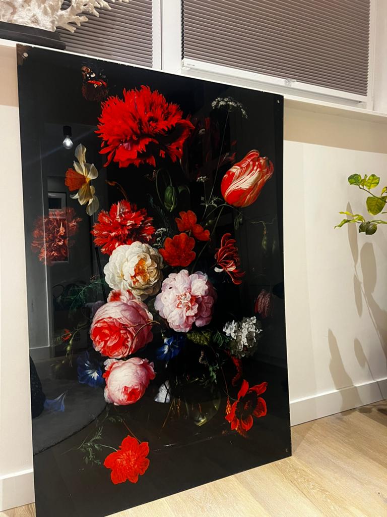 Groot Schilderij Bloemenstilleven op Zwart Plexiglas, Ophalen