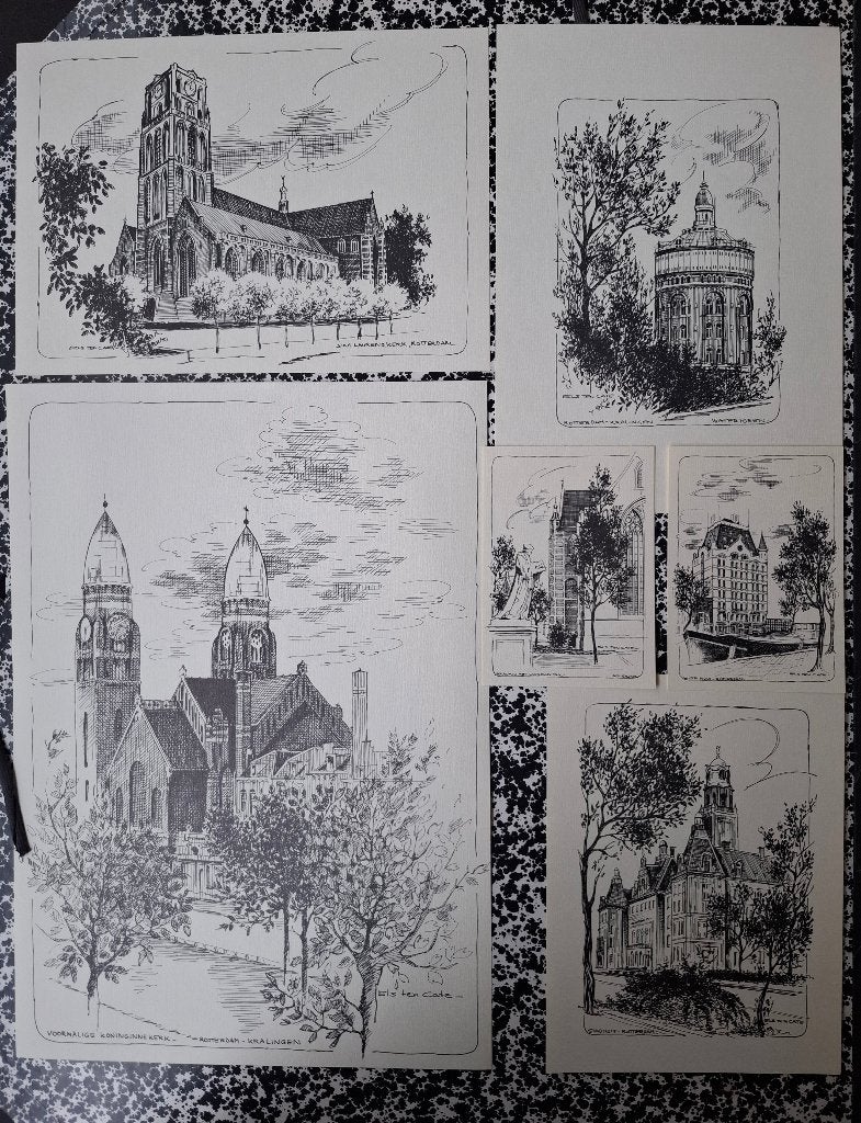 Set van 41 afdrukken van pentekeningen uit Rotterdam e.o., Antiek en Kunst, Ophalen of Verzenden