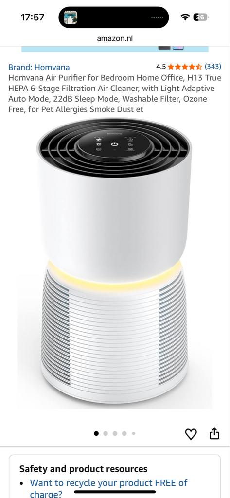 Homvana H201 Luchtreiniger - 6-Staps HEPA Filtratie, Ophalen of Verzenden, Zo goed als nieuw, Luchtreiniger