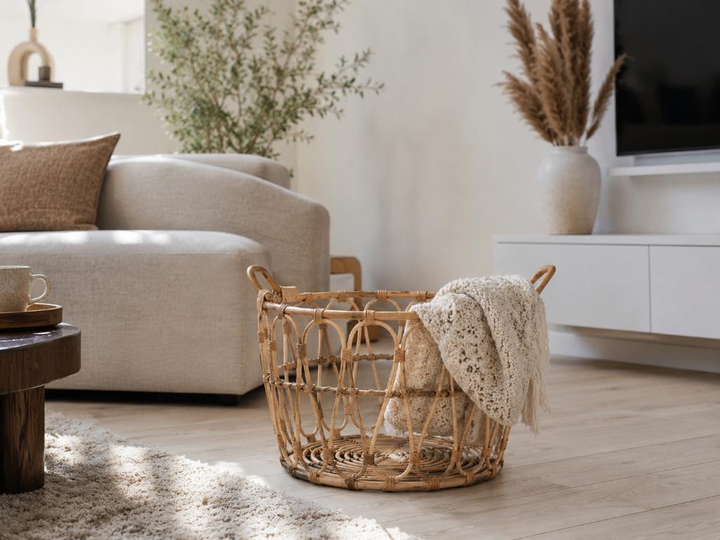 Rotan mand / opbergmand – boho vintage stijl – Ø 50 cm, Mand, Rond, Ophalen of Verzenden, Zo goed als nieuw