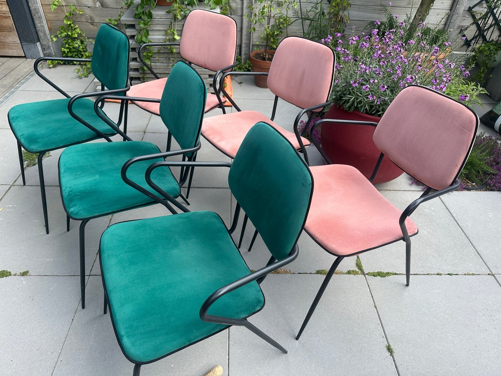 Set van 6 stoelen: 3 roze, 3 groen - Gebruikt, Ophalen, Gebruikt, Overige kleuren, Metaal