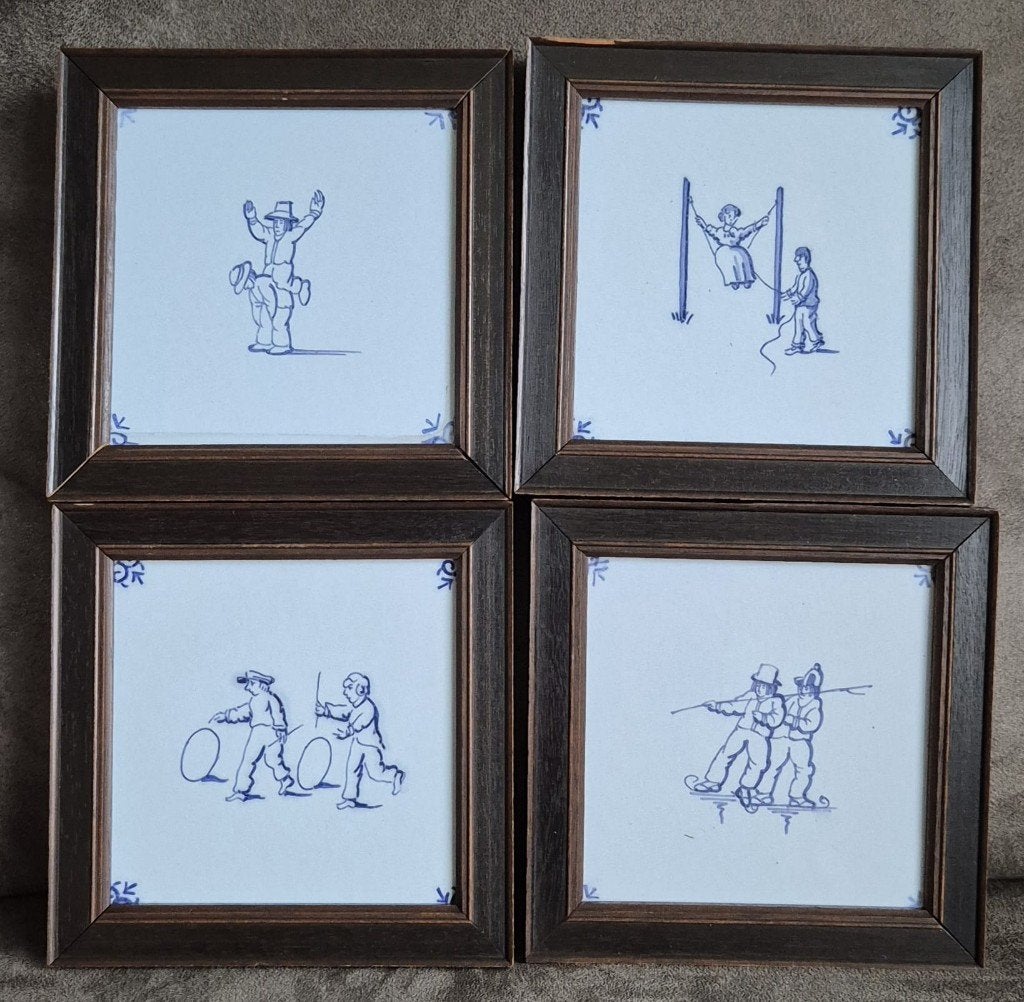 4 antieke delfts blauwe tegeltjes, Ophalen of Verzenden