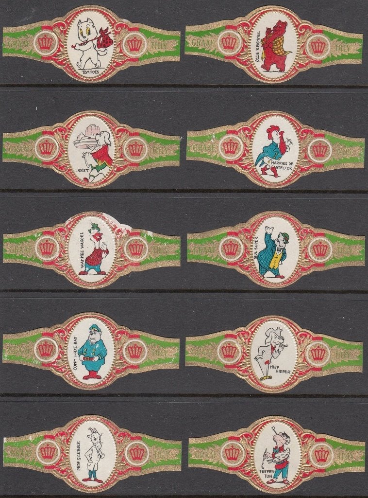 Sigarenbandjes van Tom Poes stripfiguren, Graaf Tilly 1-10, Verzenden, Zo goed als nieuw, Sigarenbandjes