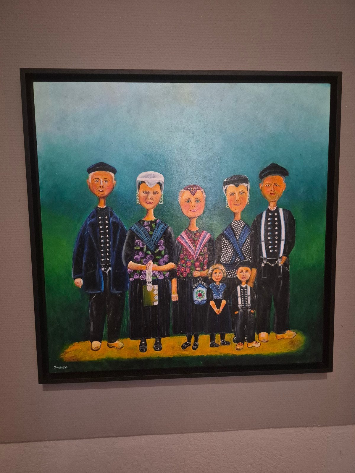 Schilderij: Familie in traditionele klederdracht Staphorst, Overige stijlen, Doek, Portret of Personen, Ophalen of Verzenden