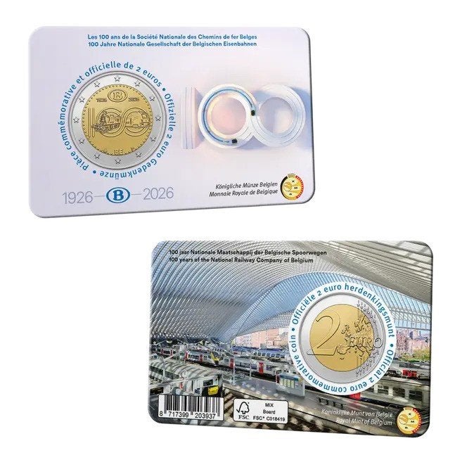 2 Euro Belgie 2026 - 100 jaar NMBS - BU Coincard FR/NL, Verzenden, België, 2 euro, Losse munt