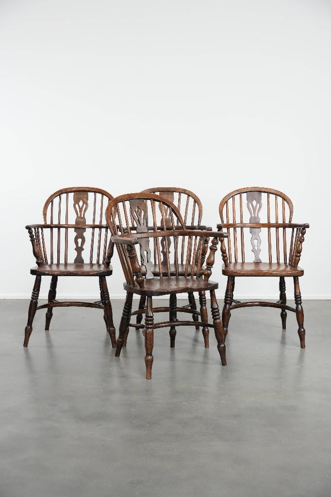 4 x Antieke Engelse Windsor lowback stoel met karakter, Ophalen