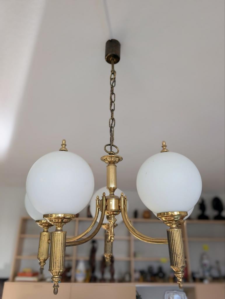 Mid-Century Messing Plafondlamp, 1950s, Huis en Inrichting, Ophalen, Gebruikt, Glas, Mid-Century Modern