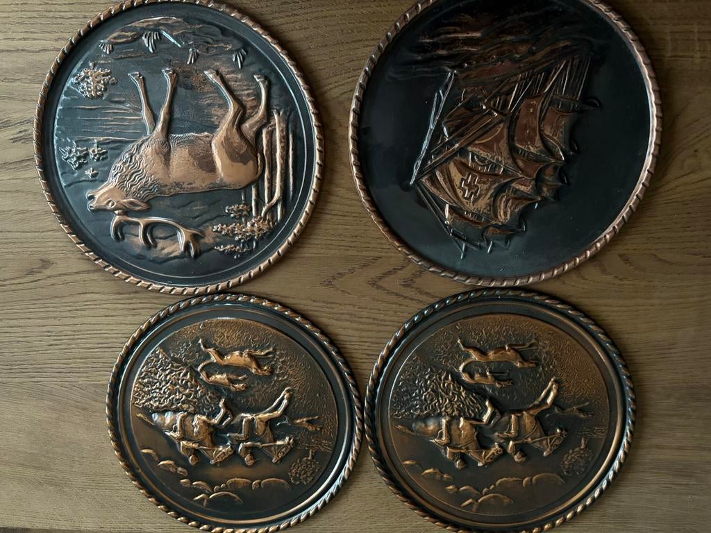 Antieke Koperen Borden met Windmolen, Jacht en Hert, Antiek en Kunst, Antiek | Wandborden en Tegels, Ophalen of Verzenden