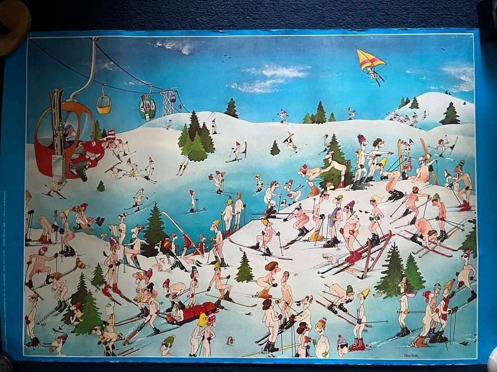 Vintage Skiposter Robert Blachon. Naakt 1977., Verzamelen, Posters, Zo goed als nieuw, Sport, A1 t/m A3, Rechthoekig Liggend, Ophalen of Verzenden