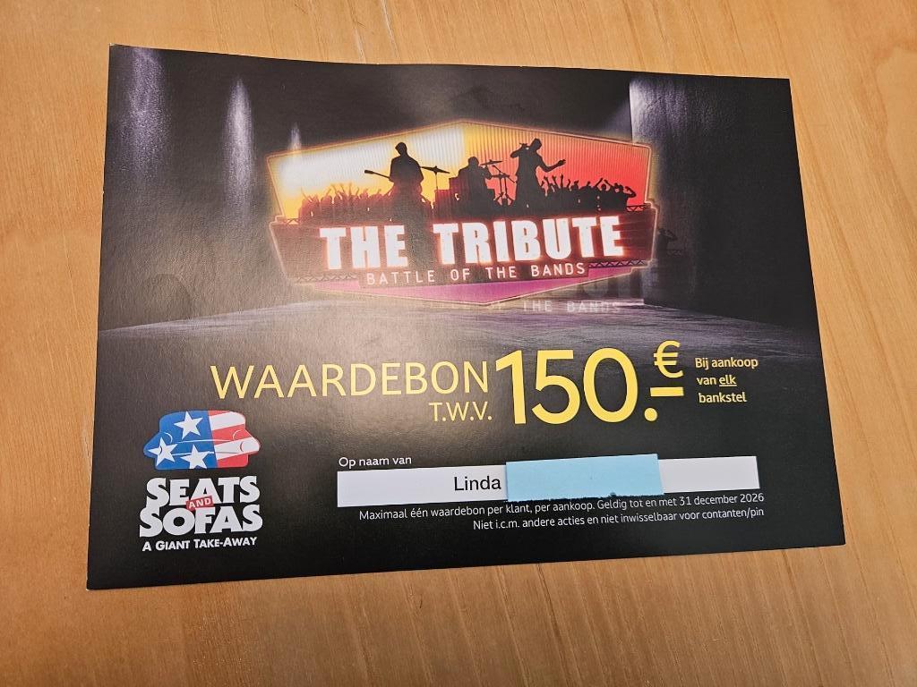 Seats and Sofas Waardebon twv €150, Eén persoon, Cadeaubon, Overige typen