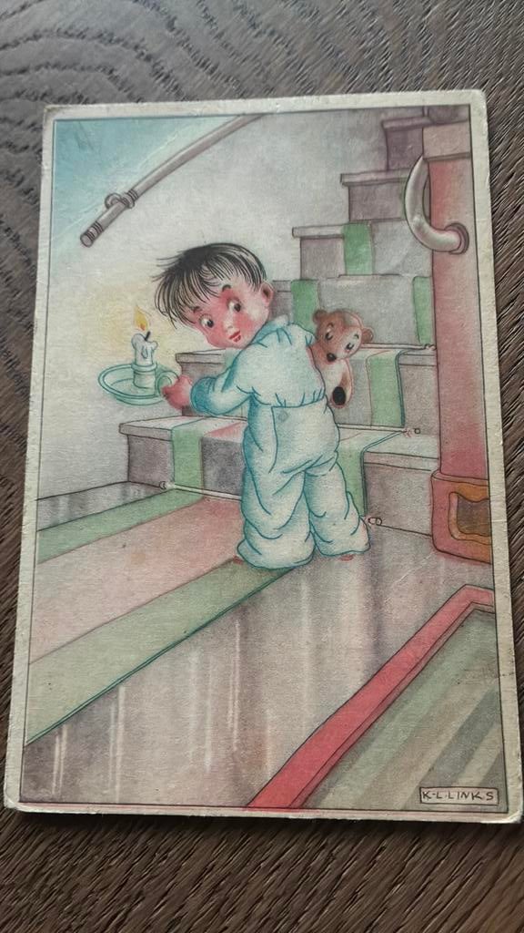 Karel Links. Kind met beer en blaker gaat  naar bed., Ophalen of Verzenden, 1940 tot 1960, Kinderen