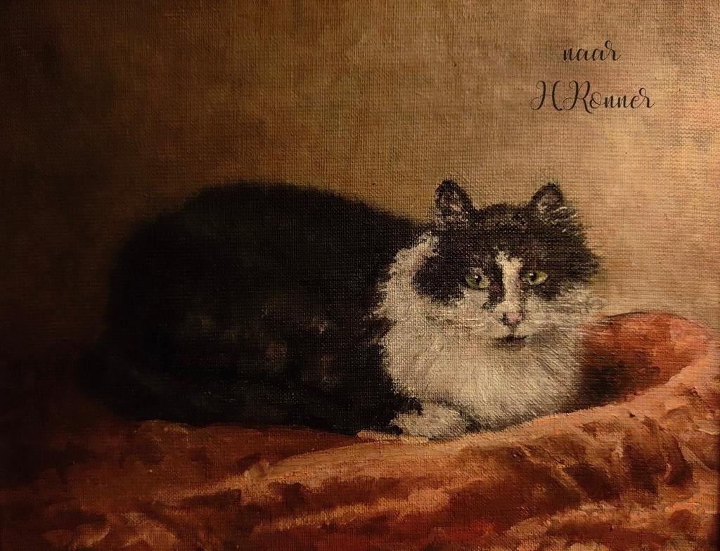 Schilderij naar H. Ronner - Kat op doek, Ophalen of Verzenden