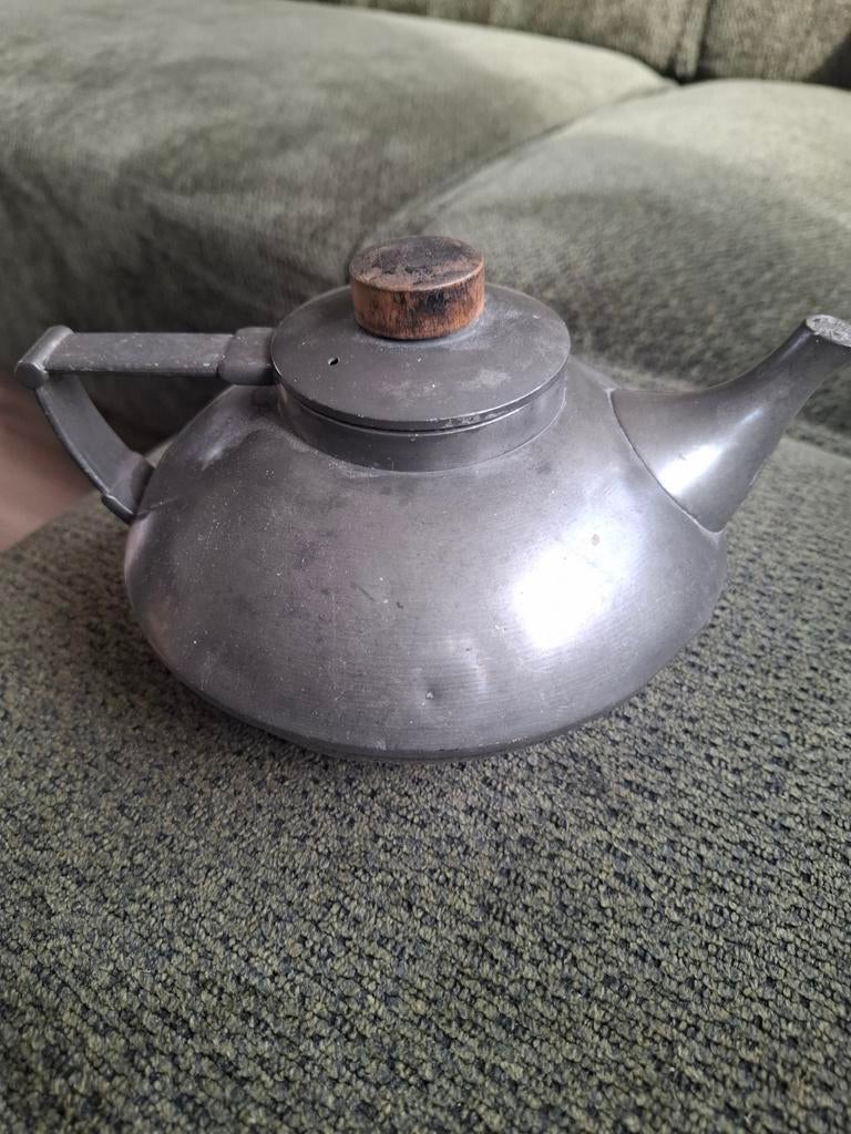 Antieke tinnen theepot met houten knop, Ophalen of Verzenden