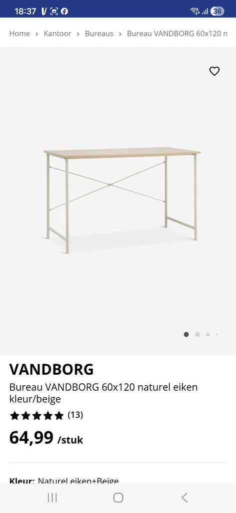 JYSK VANDBORG Bureau 60x120 naturel eiken/beige onderstel, Huis en Inrichting, Bureaus, Ophalen, Nieuw