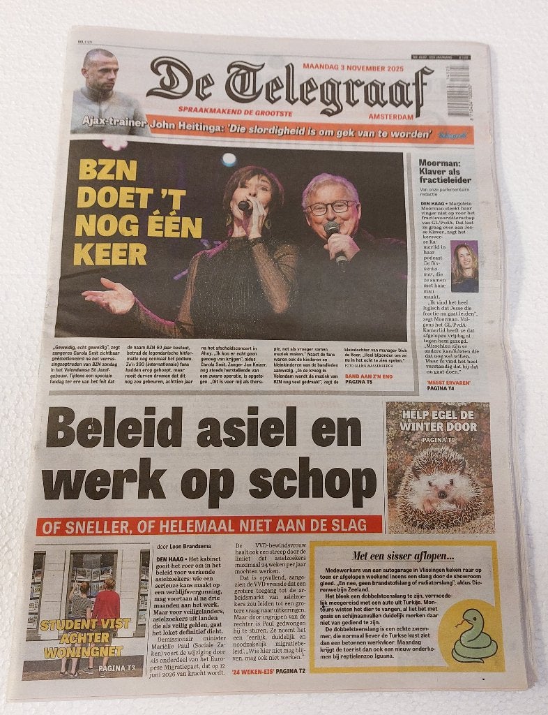 BZN in de Telegraaf - Complete krant 3 november 2025, Nieuw, Telegraaf, Ophalen of Verzenden, NvT