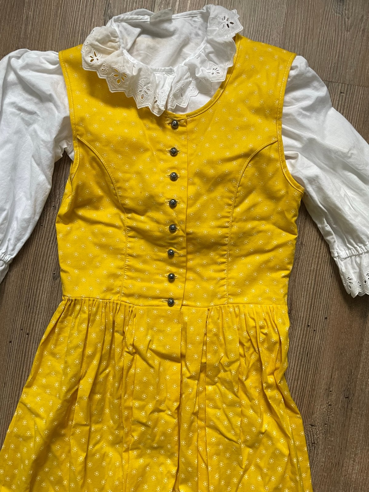Vintage Salzburger Dirndl-Look Jurk - Geel met Wit, Geel, Ophalen of Verzenden, Zo goed als nieuw, Knielengte