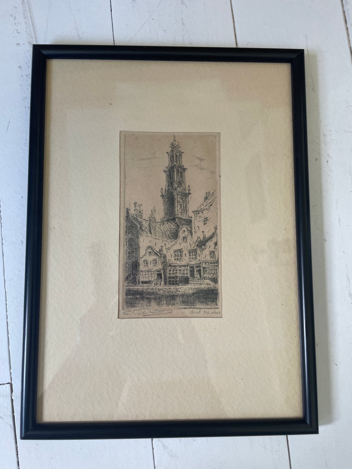 Ets van C. Dekker: Stadsgezicht met toren, Ets, Stadsgezicht, Ophalen of Verzenden, Gesigneerd