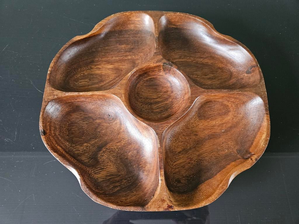 Vintage serveerschaal / snackschaal / vakkenschaal teakhout, Ophalen of Verzenden