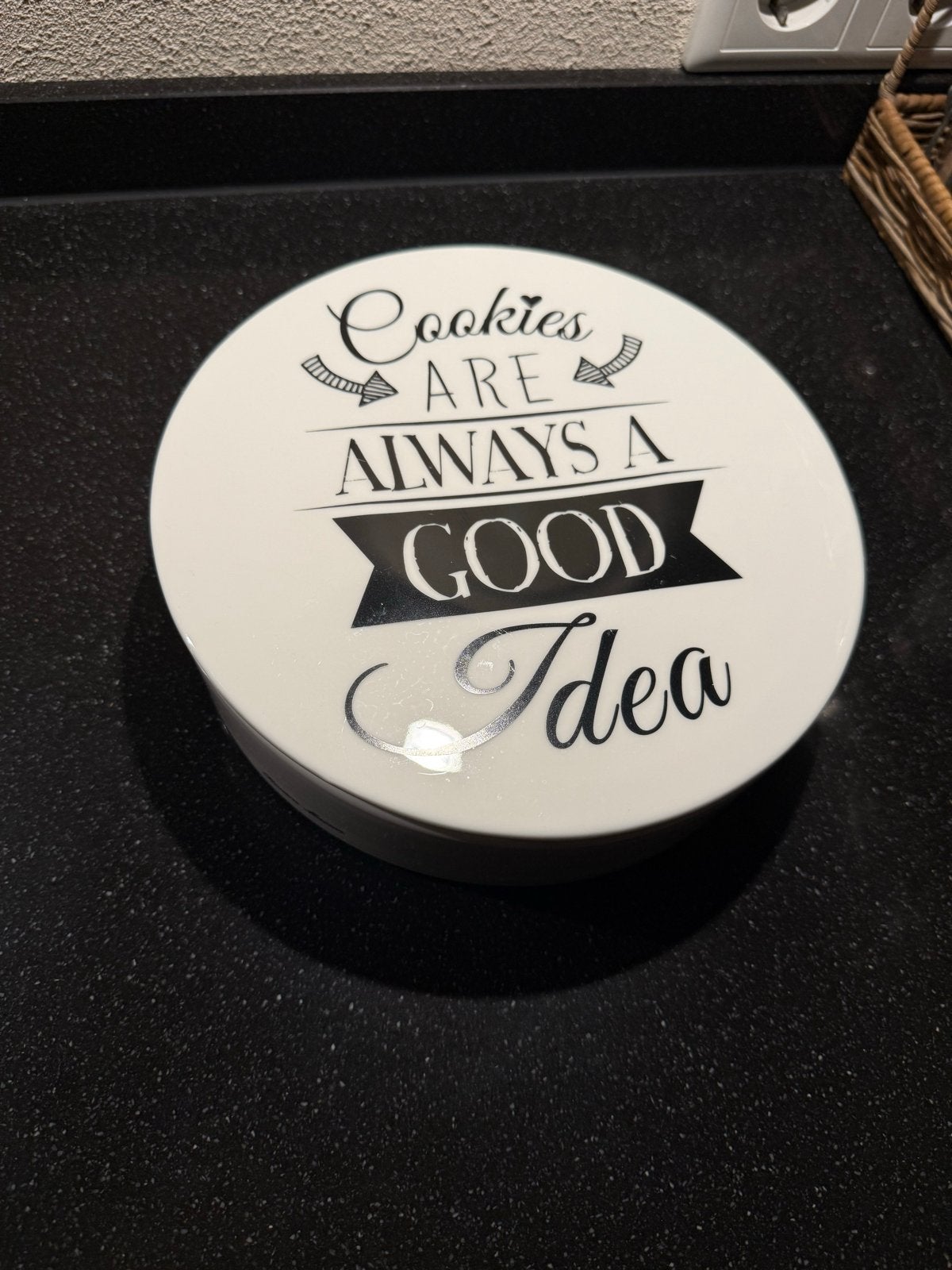 Riviera Maison Koektrommel "Cookies are always a good idea", Ophalen of Verzenden, Zo goed als nieuw, Voorraadpot, Steen/keramiek