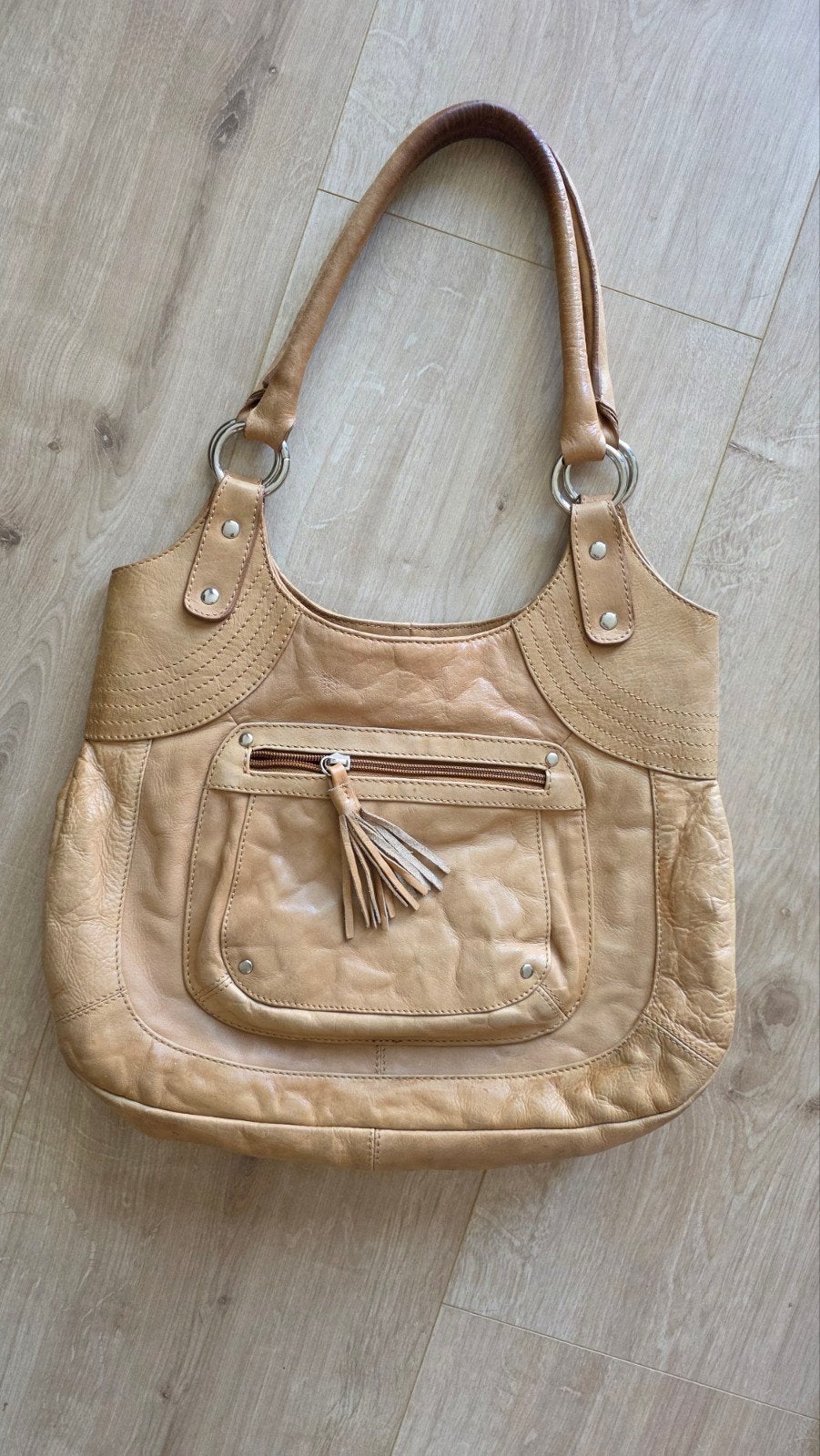Vintage Y2K Leren Handtas Beige, Ophalen of Verzenden, Gebruikt, Beige, Schoudertasje