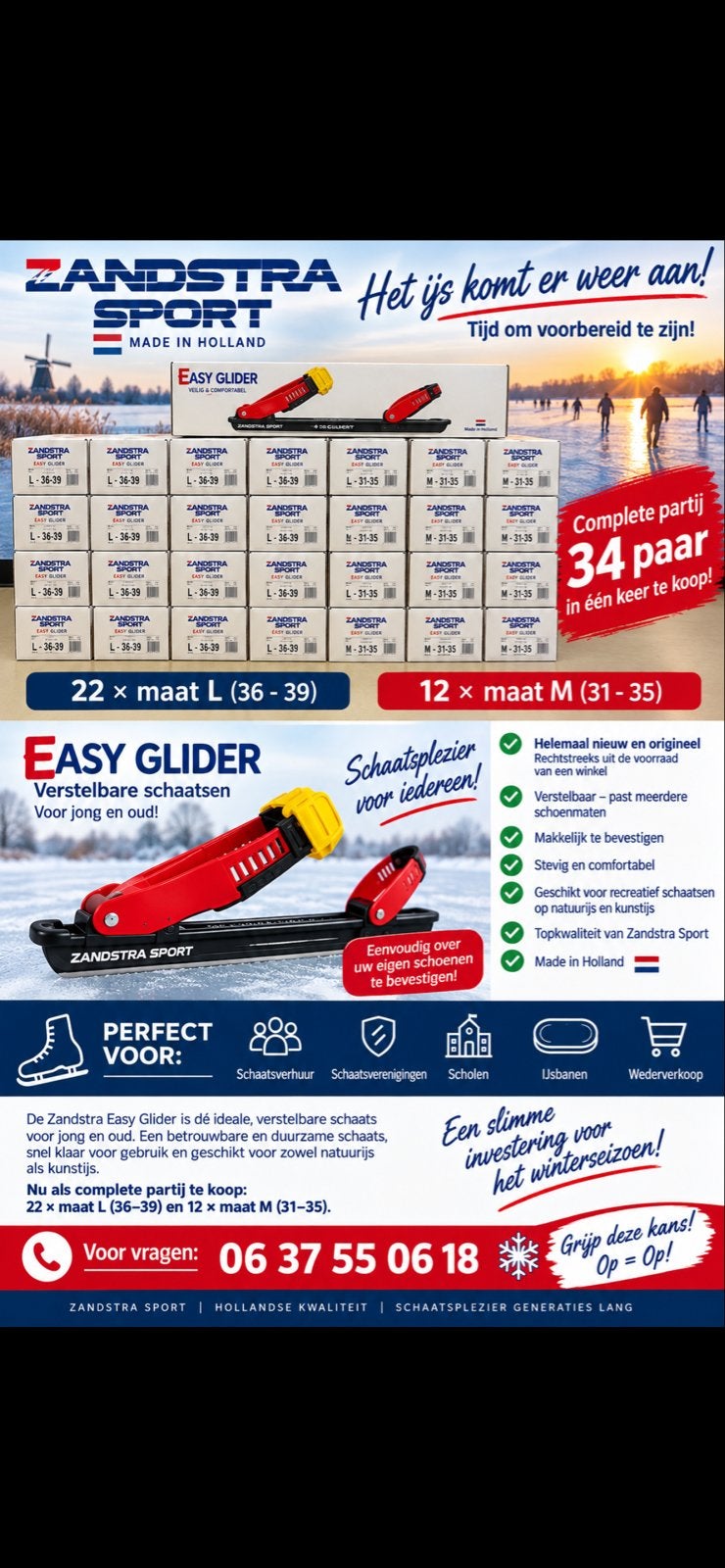 Partij 34 paar Zandstra Easy Glider Schaatsen- Nieuw in doos, Sport en Fitness, Ophalen of Verzenden, Nieuw, Friese doorlopers