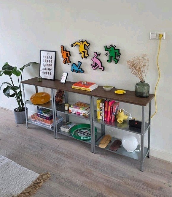 Industrial metal shelf with walnut top, Modern, Industrieel, 150 tot 200 cm, Zo goed als nieuw, Minder dan 100 cm
