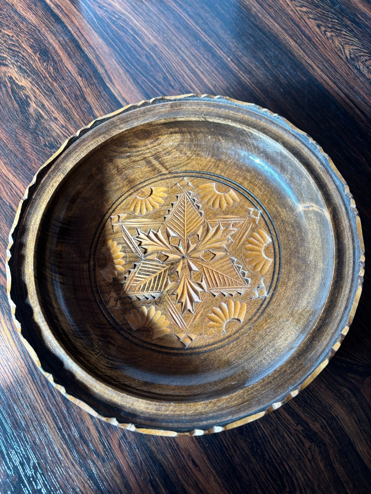 Antiek Indonesisch Houten Bord - Handgesneden, Ø 19cm, Antiek en Kunst, Ophalen of Verzenden