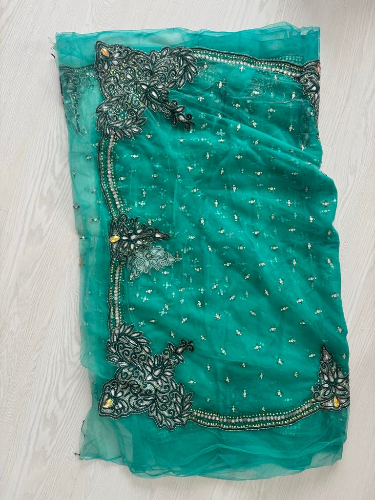 Teal/Turquoise Saree Stof unstitched - Prachtig Bewerkt, Ophalen of Verzenden, Nieuw