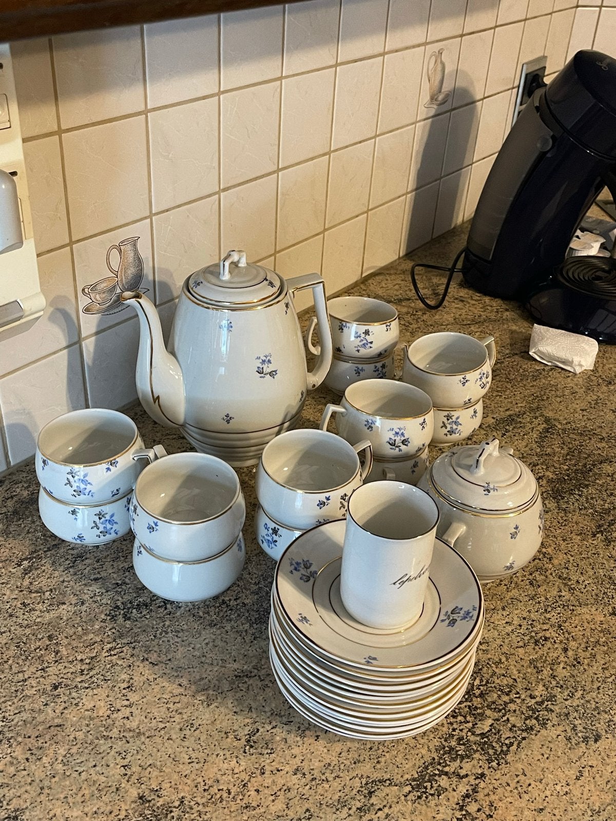 Vintage Tsjechoslowaaks Servies - Wit met Blauwe Bloemen, Ophalen, Overige merken, Vintage, Zo goed als nieuw