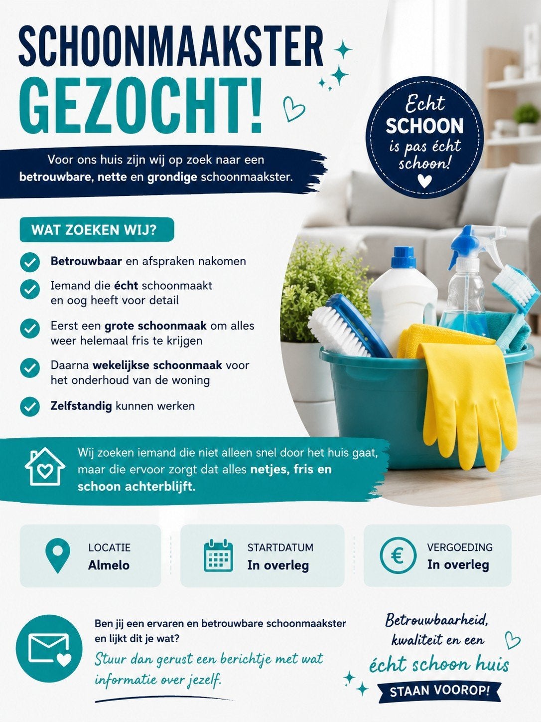 Schoonmaakster Gezocht – Almelo, Diensten en Vakmensen, Huishoudelijke hulp