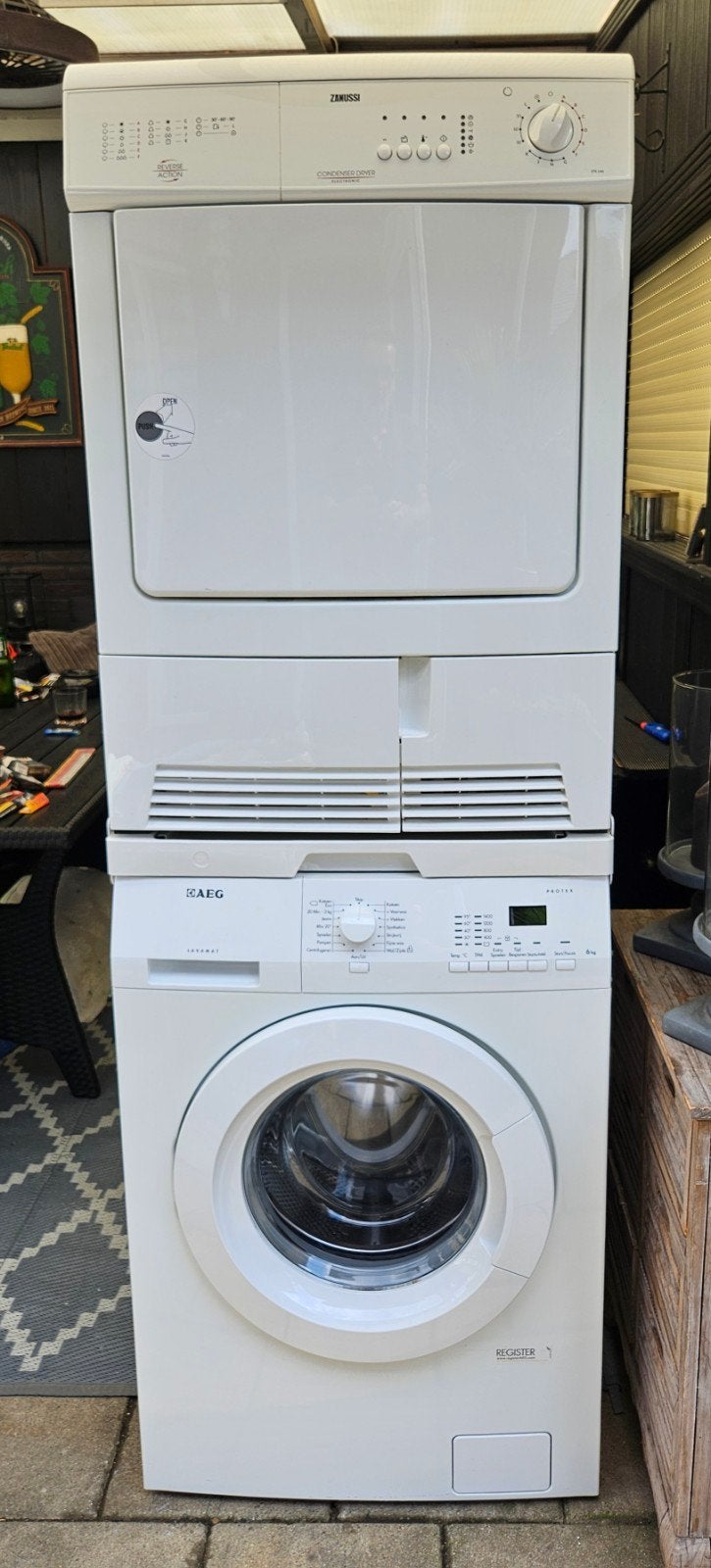 Zanussi Condensdroger & AEG Wasmachine 6kg met tussenstuk, Ophalen, 6 tot 8 kg, Gebruikt, 85 tot 90 cm