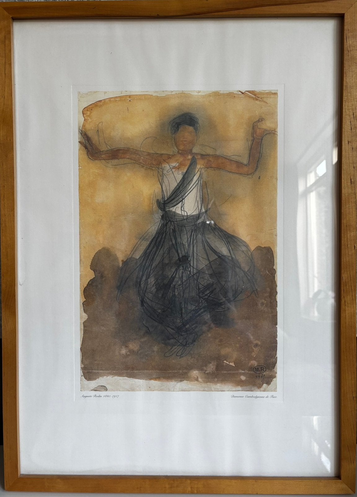 Ingelijste litho van danseres, gesigneerd, Ophalen, Tekening, Gemengde techniek, Achter glas