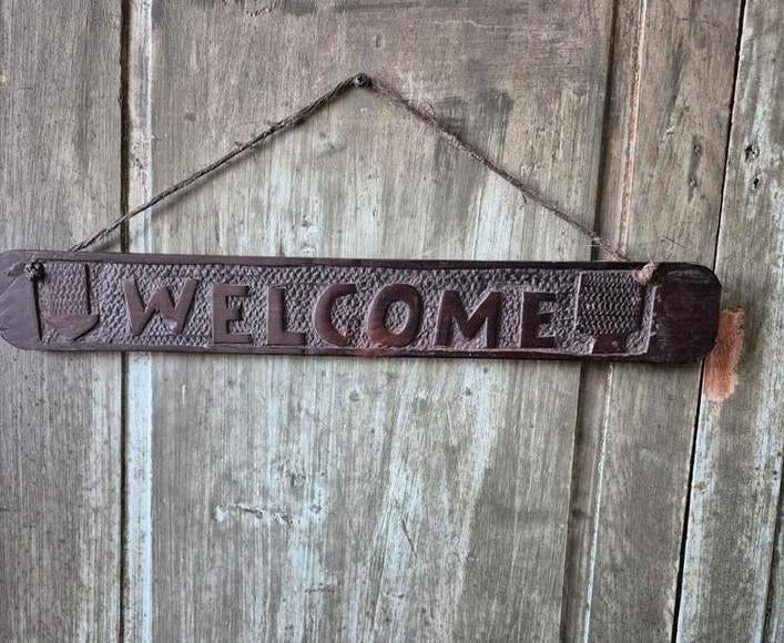 Ebbenhout Welcome plankje, Welcome bordje hout vintage., Ophalen of Verzenden, Gebruikt